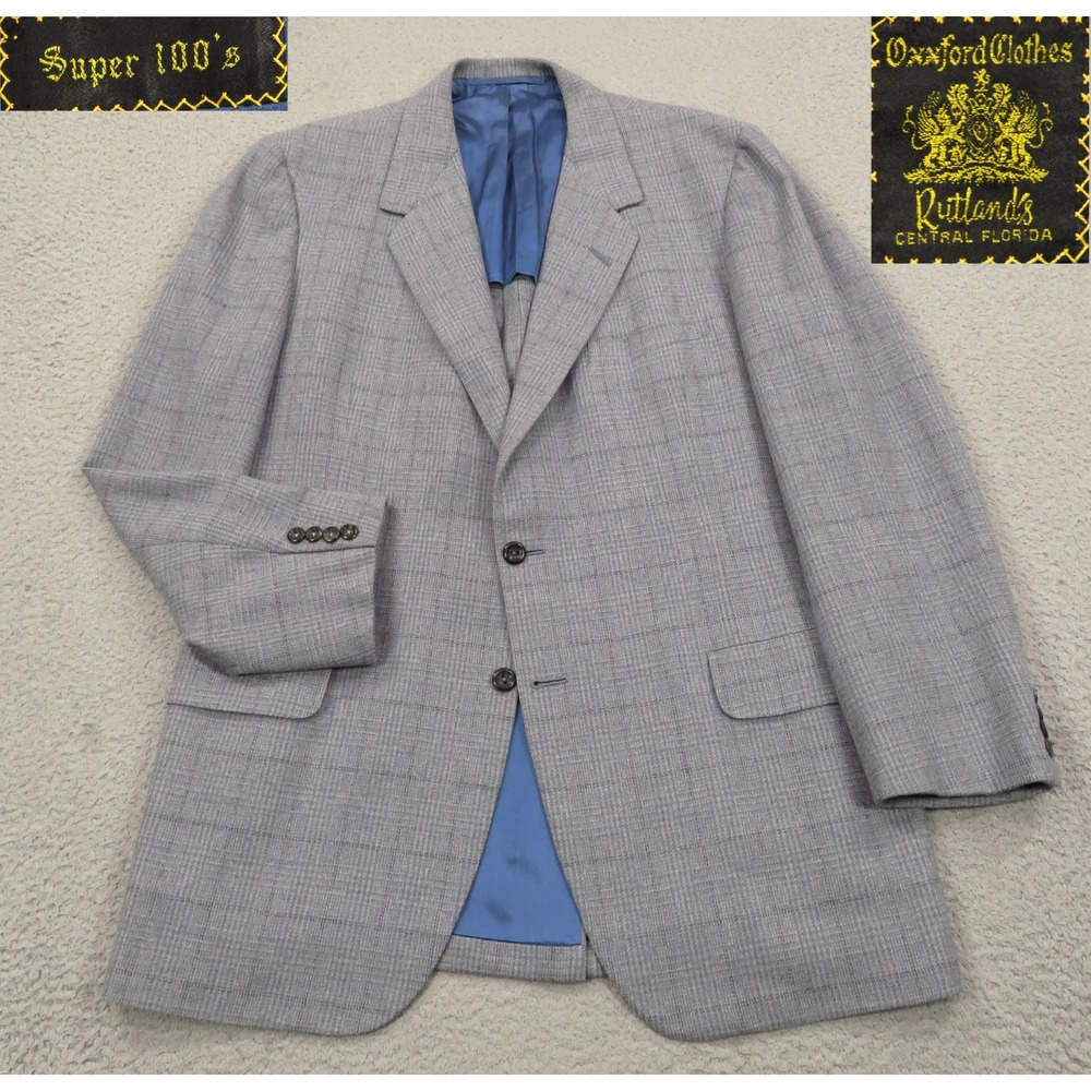Oxxford Clothes Blazer 44L Super 100s Wool Windowpane Sport Coat Gray Mens
